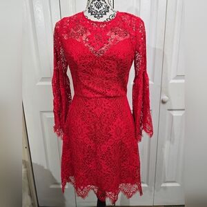 EUC BCBGMAXAZRIA Red Lace A-line Bell Sleeve Lined Dress